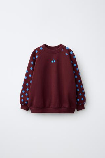 ZARA ТОЛСТОВКА В ГОРОШЕК С ВЫШИВКОЙ «ВИШНЯ», БУРГУНДИ