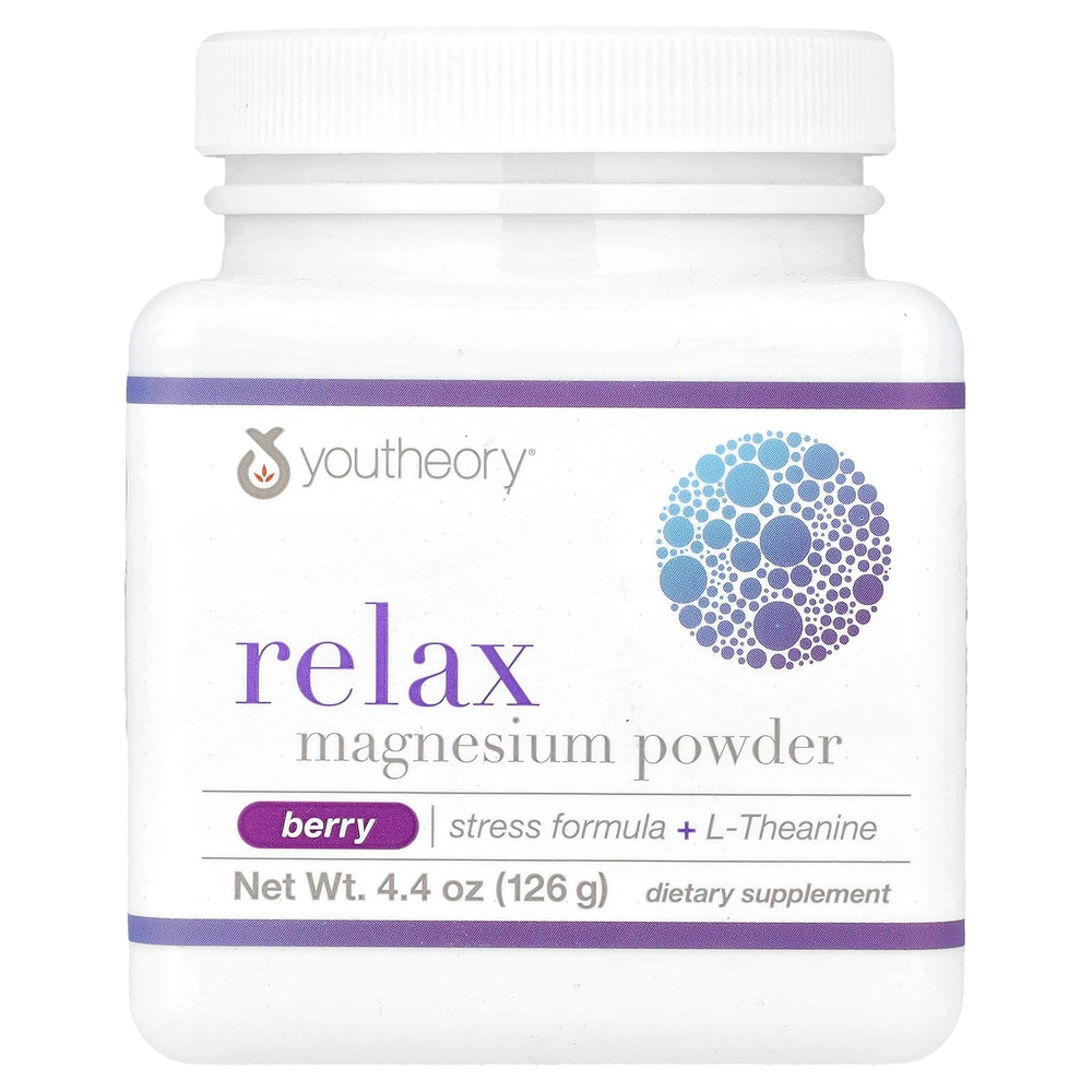 Youtheory, Relax, магниевый порошок, формула для снятия стресса + L-теанин, вкус ягод, 126 г (4,4 унции)