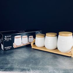 Lenardi 140-074 Набор из 3 банок 1000/600/320мл на подставке BAMBOO в под.уп.(х8)Фарфор