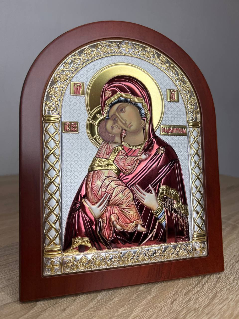 Владимирская БМ, икона арочная, красное дерево, эмаль 150х200