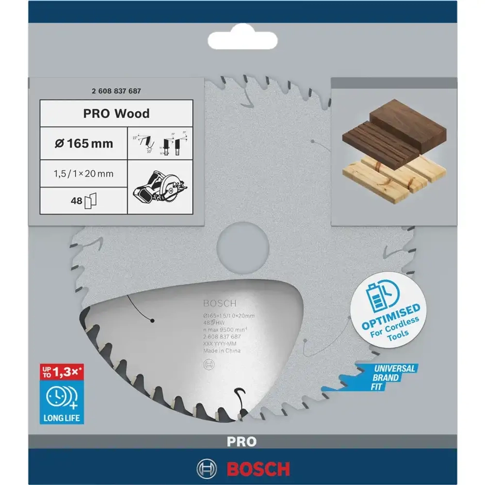 Циркулярный диск PRO Wood Cordless 165x1.5x20 мм 48T BOSCH 2608837687