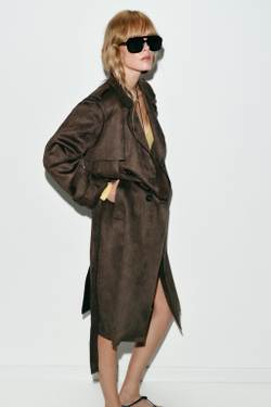 ZARA ДЛИННЫЙ ТРЕНЧ ИЗ ИСКУССТВЕННОЙ ЗАМШИ С ПОЯСОМ, СВЕТЛЫЙ ХАКИ