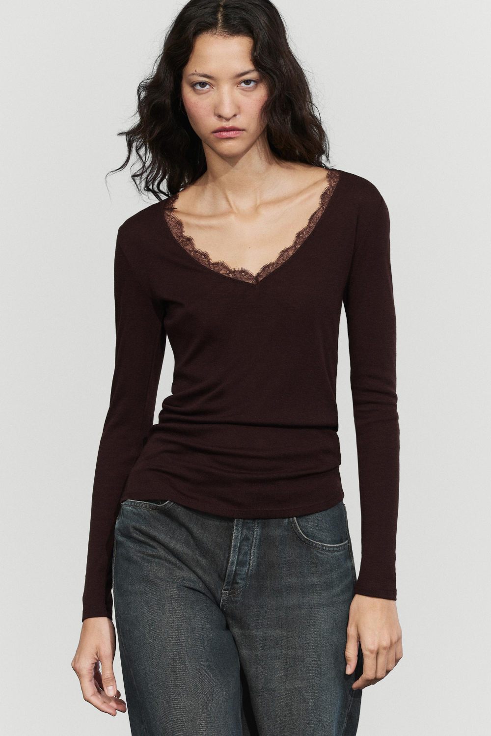 Massimo Dutti Футболка с длинными рукавами в бельевом стиле, коричневый