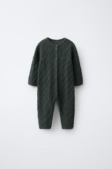 ZARA ДЛИННЫЙ ТРИКОТАЖНЫЙ КОМБИНЕЗОН В РУБЧИК, ТЕМНО-ЗЕЛЕНЫЙ