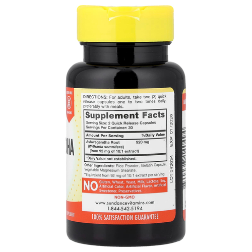 Sundance Vitamins, суперконцентрированная ашваганда, 60 капсул с быстрым высвобождением (460 мг в 1 капсуле)