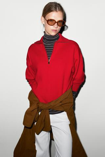 Massimo Dutti Хлопковый свитер поло на молнии, красный
