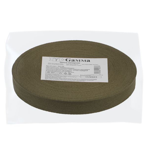 Тесьма (лента) киперная (100% х/б) 25 мм / 50 метров, хаки/khaki, Gamma TCT-25
