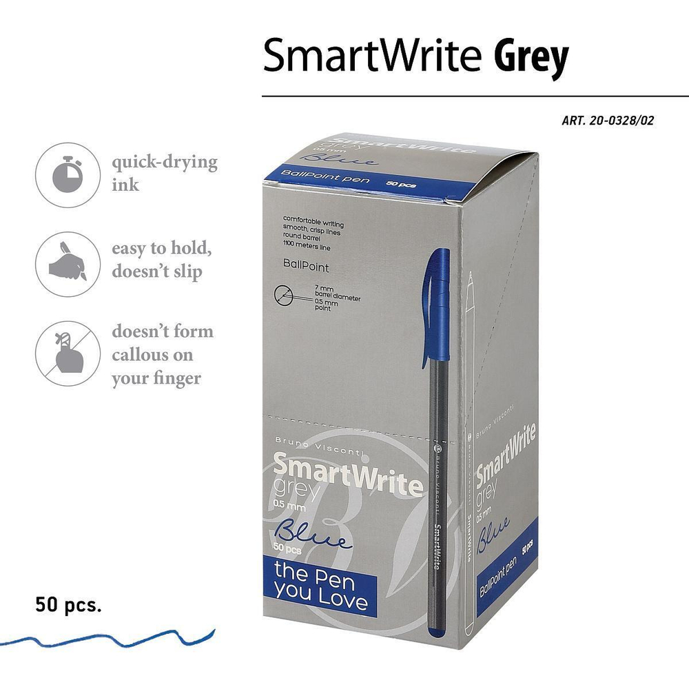 Ручка "SmartWrite Grey" шариковая 0.5 мм, синяя (BrunoVisconti)
