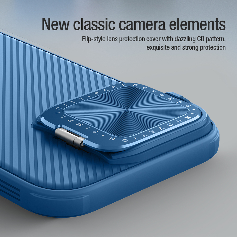 Чехол синего цвета от Nillkin на iPhone 16 Pro Max с металлической откидной крышкой, серия CamShield Prop Magnetic Case ( с поддержкой беспроводной зарядки MagSafe)