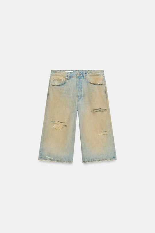 ZARA ДЖИНСОВЫЕ ШОРТЫ TRF BAGGY С РАЗРЕЗАМИ, ЛИНЯЛЫЙ СИНИЙ