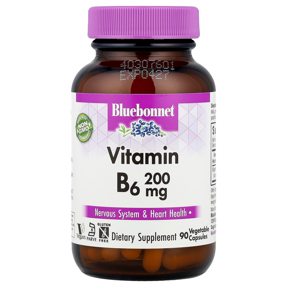 Bluebonnet Nutrition, витамин B6, 200 мг, 90 растительных капсул