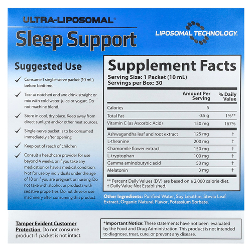 Aurora Nutrascience, Ultra-Liposomal®, поддержка сна, 30 пакетиков по 10 мл (0,34 жидк. унц.)