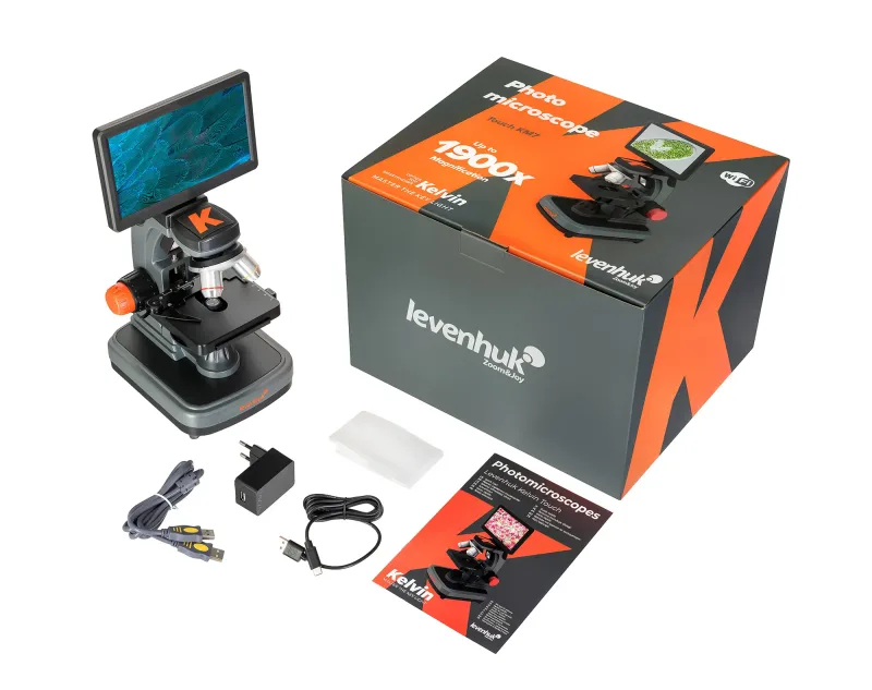 Фотомикроскоп Levenhuk Kelvin Touch KM7 с комплектующими, вид с коробкой