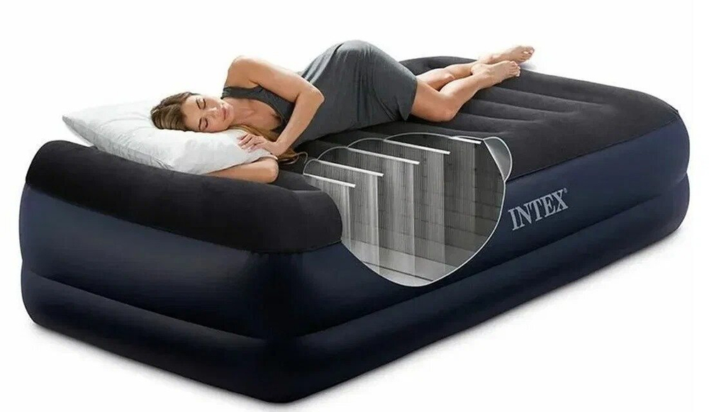 INTEX Кровать надувная флок Твин, 99х191х42см, с высоким подголовником, встр.электронасос, 64122NP