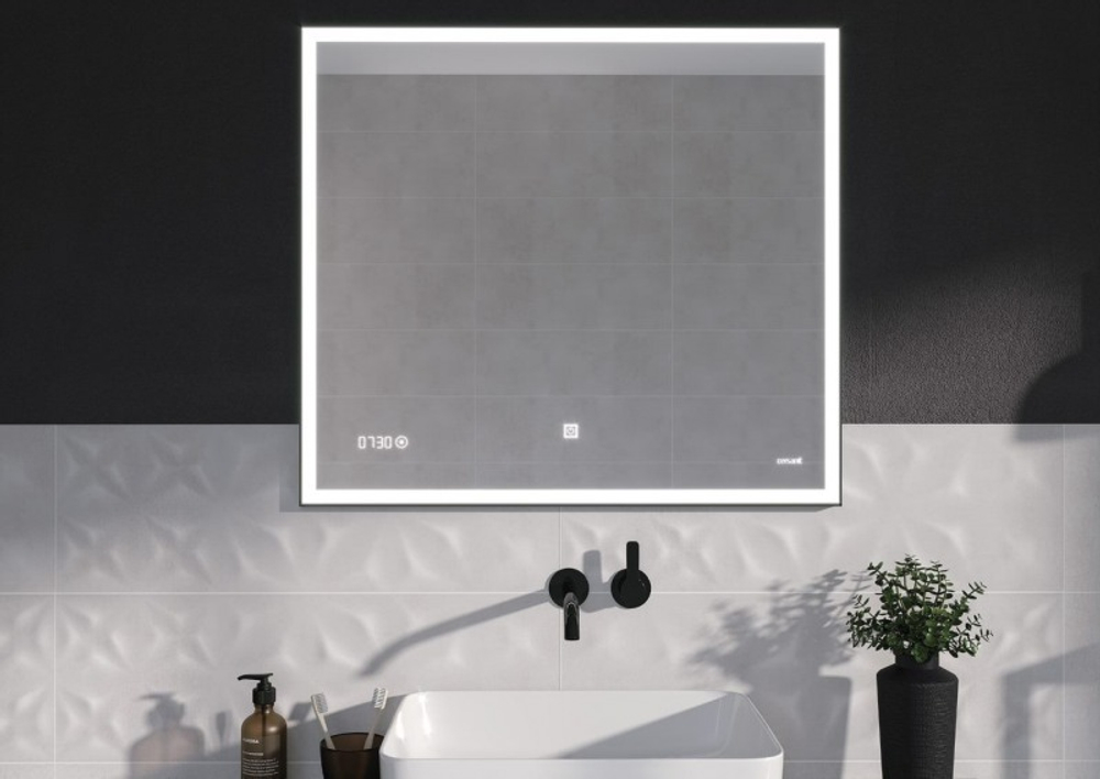 Зеркало LED 011 design 100x80 с подсветкой часы металл. рамка прямоугольное