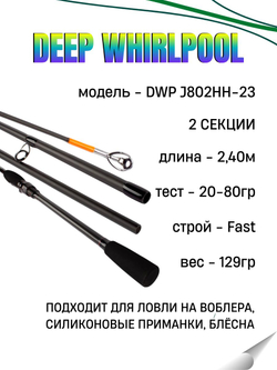 Удилище спиннинговое DEEP WHIRLPOOL, 2 секции, полая верш, длина 2,40 м, тест 20-80 г