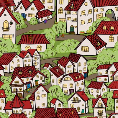 Cartoon town. Seamless pattern small old houses.