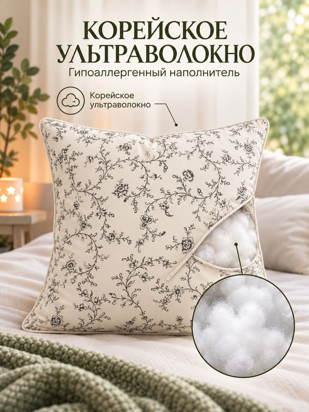 Подушка 60х60 для сна, чехол 100% хлопок, лаванда