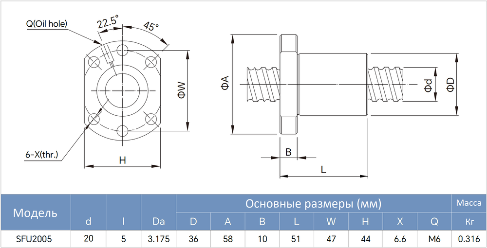 Гайка ШВП SFU2005 - чертеж с размерами