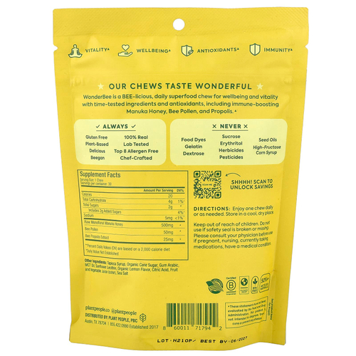Plant People, WonderBee®, жевательные таблетки с медом из суперпродуктов, лимон, MGO 400+, 30 жевательных таблеток