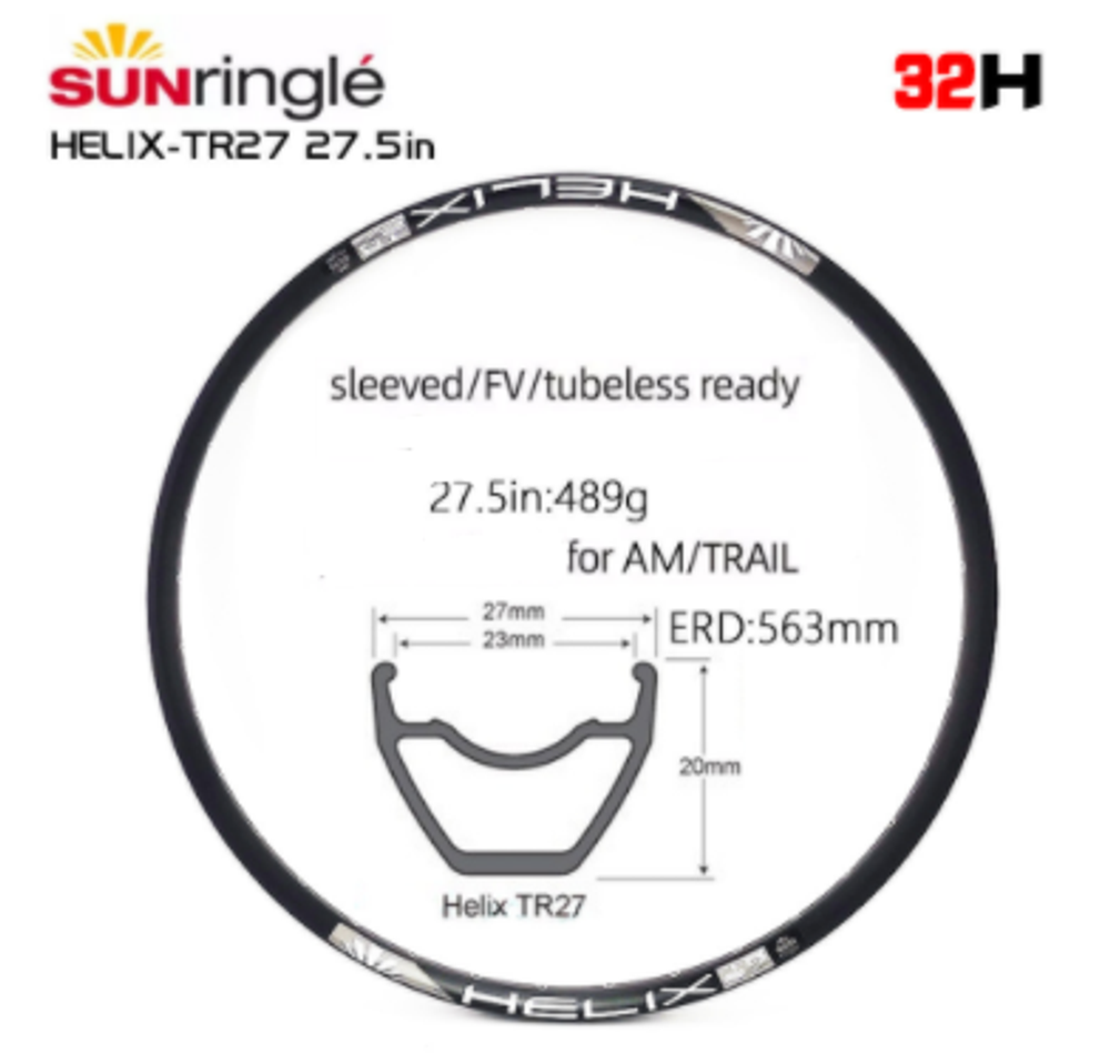Обод 27.5" SunRingle Helix-27 Клепаный TR PV 500гр ERD:557мм 32H Черный