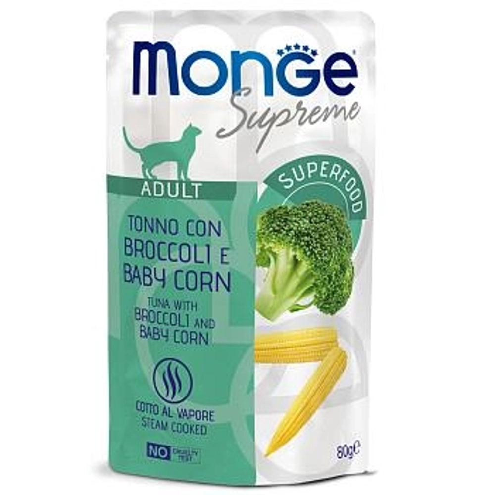 Влажный корм Monge Supreme Adult cat для взрослых кошек с брокколи и мини-кукурузой, паучи 80 г - 24 шт