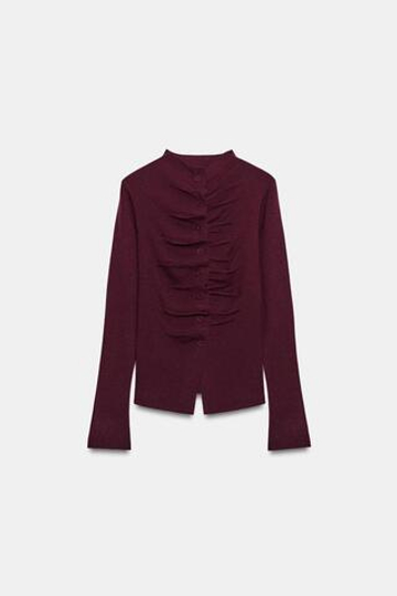 ZARA ТРИКОТАЖНЫЙ ТОП СО СБОРКАМИ, БУРГУНДИ