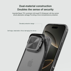 Чехол прозрачный тонированный (Transparent Black) от Nillkin с металлической откидной крышкой для камеры на iPhone 16 Pro, серия CamShield Prop Case