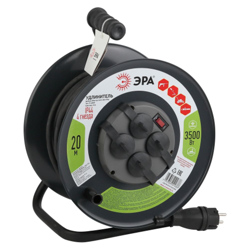 Удлинитель силовой ЭРА RMx-4es-3x2.5-20m-IP44(KG) на металлическая катушке с заземлением 4 розетки КГ 3x2,5м2 20 м 16А | Электротовары