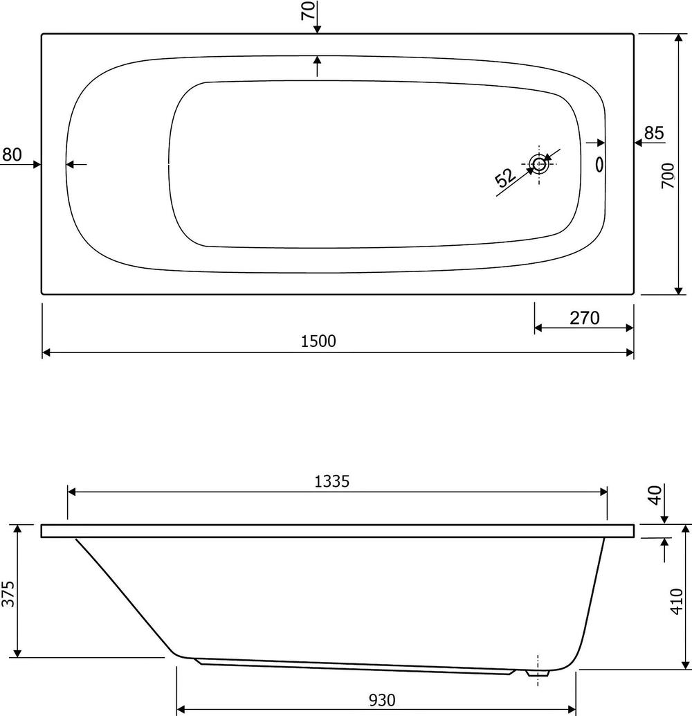 Акриловая ванна 150x70 см Cezares Eco ECO-150-70-41-W37