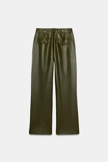 ZARA БРЮКИ ПРЯМОГО КРОЯ ИЗ ИСКУССТВЕННОЙ КОЖИ, ХАКИ
