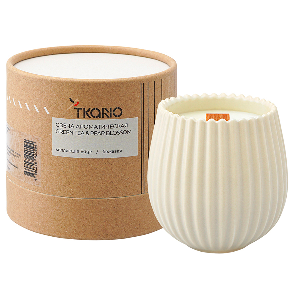 Свеча ароматическая Tkano Edge Green tea & Pear blossom бежевая 60ч