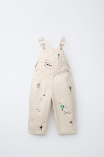 ZARA ДЖИНСОВЫЙ КОМБИНЕЗОН С ВЫШИВКОЙ MICKEY MOUSE © DISNEY, ЭКРЮ