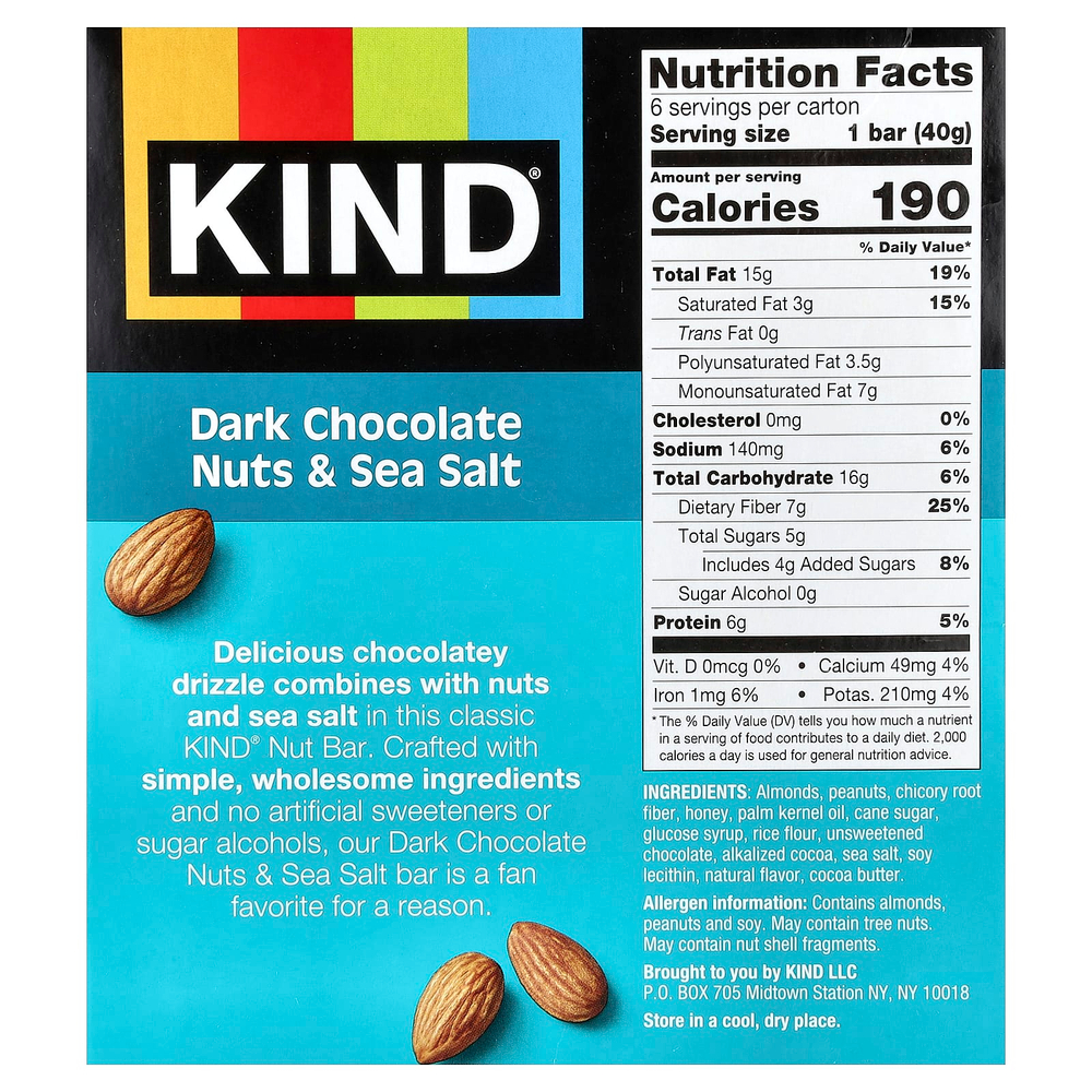 KIND Bars, Протеиновые батончики, темный шоколад, орехи и морская соль, 6 батончиков по 40 г (1,4 унции)