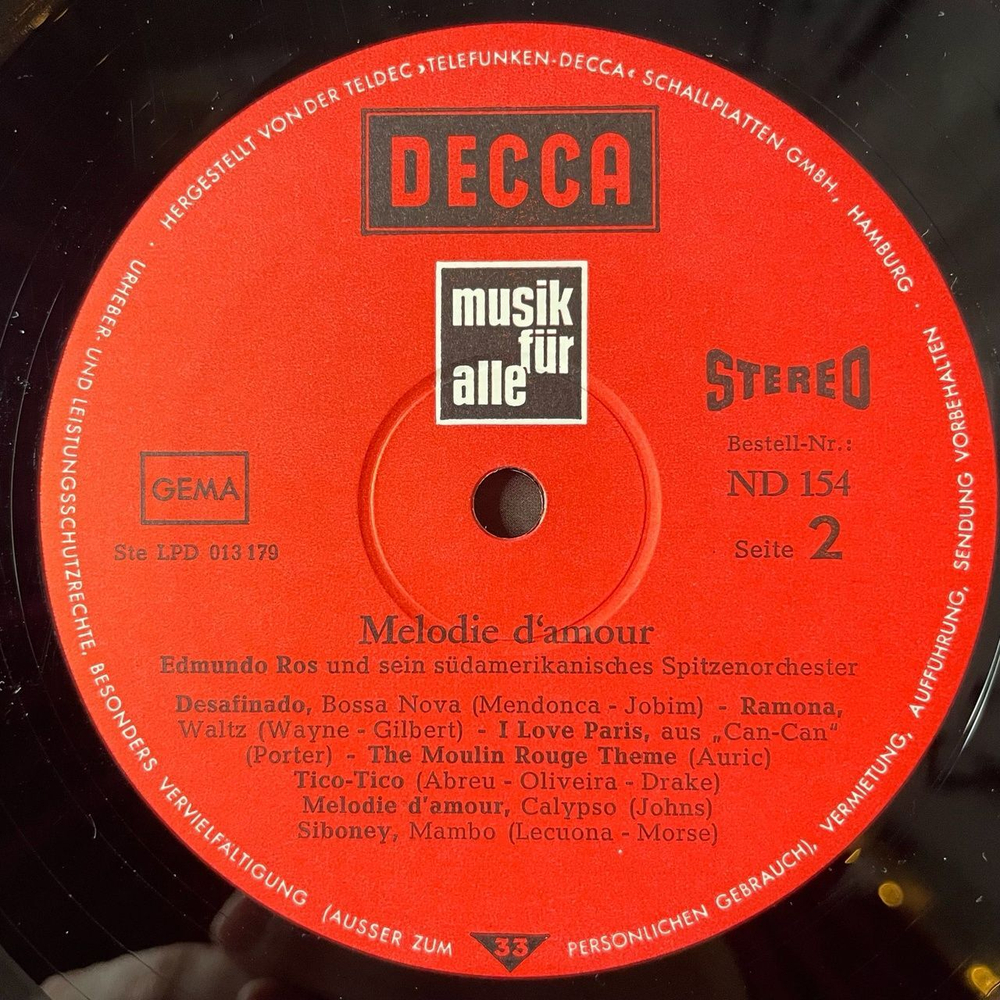 Винтажная виниловая пластинка LP Edmundo Ros and His Orchestra Melodie D'Amour (Germany 1972)
