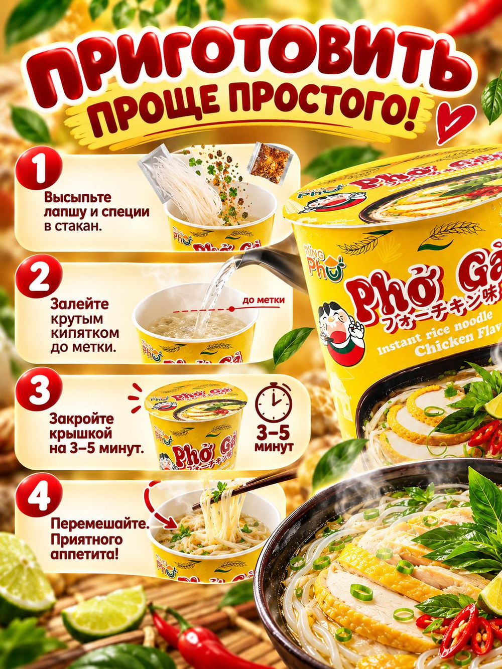 Рисовая лапша Фо Га со вкусом Курицы 61 г * 3 шт