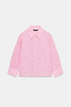 ZARA РУБАШКА В ПОЛОСКУ С ЦВЕТОЧНЫМ ПРИНТОМ, РОЗОВЫЙ/БЕЛЫЙ