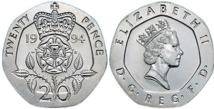 Великобритания 20 пенсов, 1994 Королева Елизавета II XF