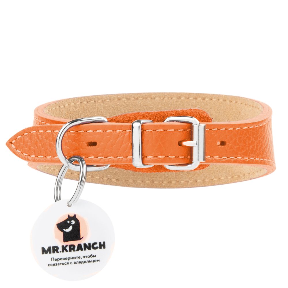 Ошейник-селедка Mr.Kranch для собак из натуральной кожи с QR-адресником 29-35см оранжевый Ошейник-селедка Mr.Kranch для собак из натуральной кожи с QR-адресником 29-35см оранжевый