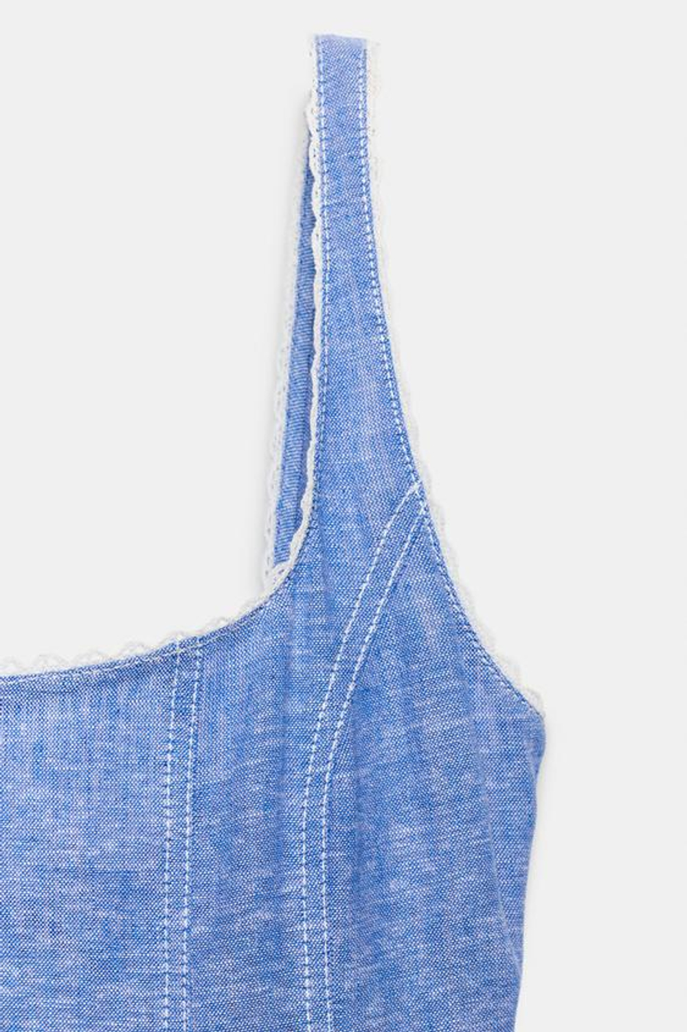 ZARA ЛЬНЯНОЕ ПЛАТЬЕ МИДИ С КРУЖЕВОМ, ГОЛУБОЙ