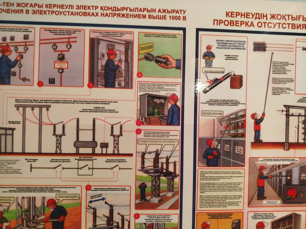 Настенный плакат по электробезопасности каз,рус языки( 60х80 см) на ПВХ