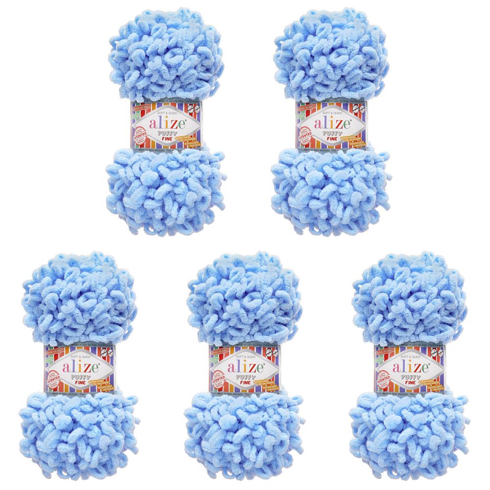 Пряжа Alize (Ализе) Puffy Fine / уп.5 мот. по 100 г, 14м, 218 детский голубой A
