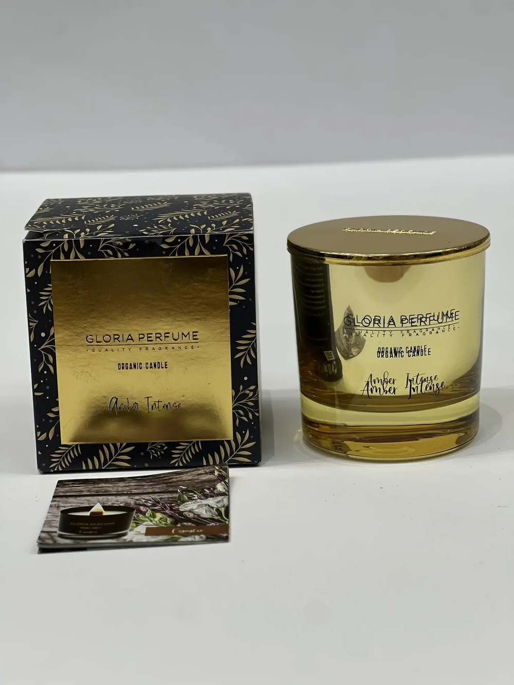 Ароматическая свеча Gloria Perfume Amber Intense в стеклянном стакане с крышкой
