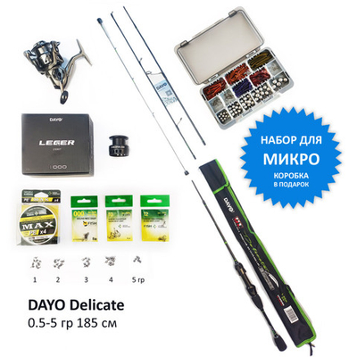 Набор Микро: Dayo Delicate 4X 0.5-5 гр 185 см + Leger 1000 + Шнур 0.06 мм + Приманки + Груза + Крючки