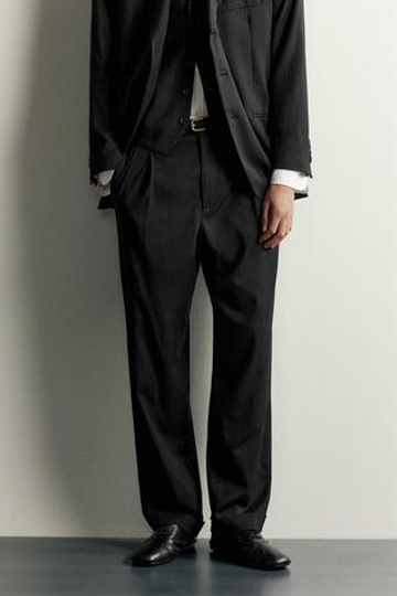 ZARA БРЮКИ RELAXED FIT В ПОЛОСКУ, ЧЕРНЫЙ