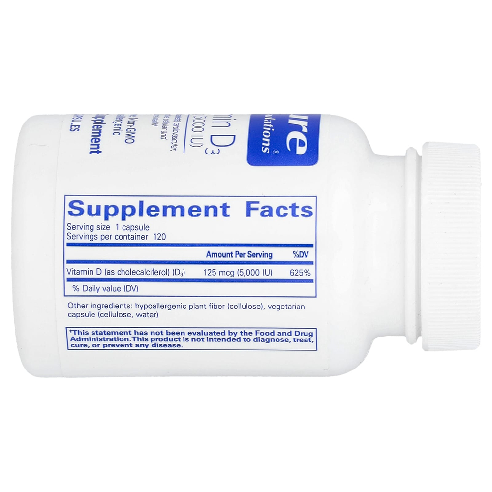 Pure Encapsulations, витамин D3, 125 мкг (5000 МЕ), 120 капсул