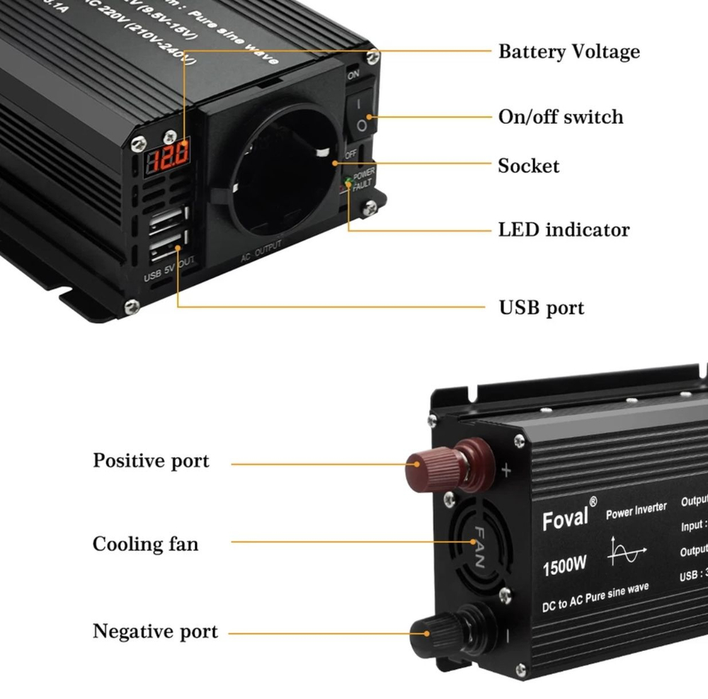 Инвертор 12V-220V 1500W черный Foval чистый синус