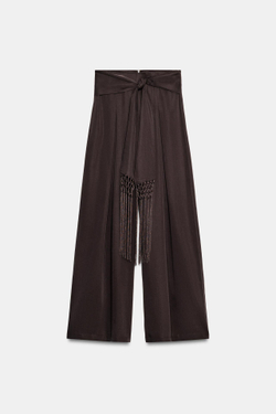 ZARA БРЮКИ С РЕМНЕМ И БАХРОМОЙ, КОРИЧНЕВЫЙ