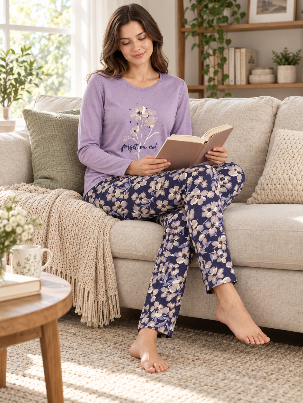 Женская пижама-комплект RUBINA Secret Homewear: верх и брюки, лавандовая с цветами