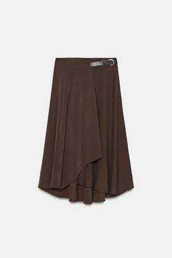 ZARA ЮБКА МИДИ С ЗАПАХОМ И ПРЯЖКОЙ, КОРИЧНЕВЫЙ